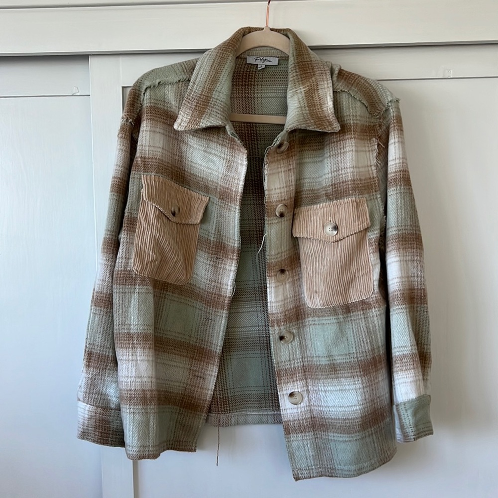 Plaid Button-Down Shirt Jacket in Sage & Brown